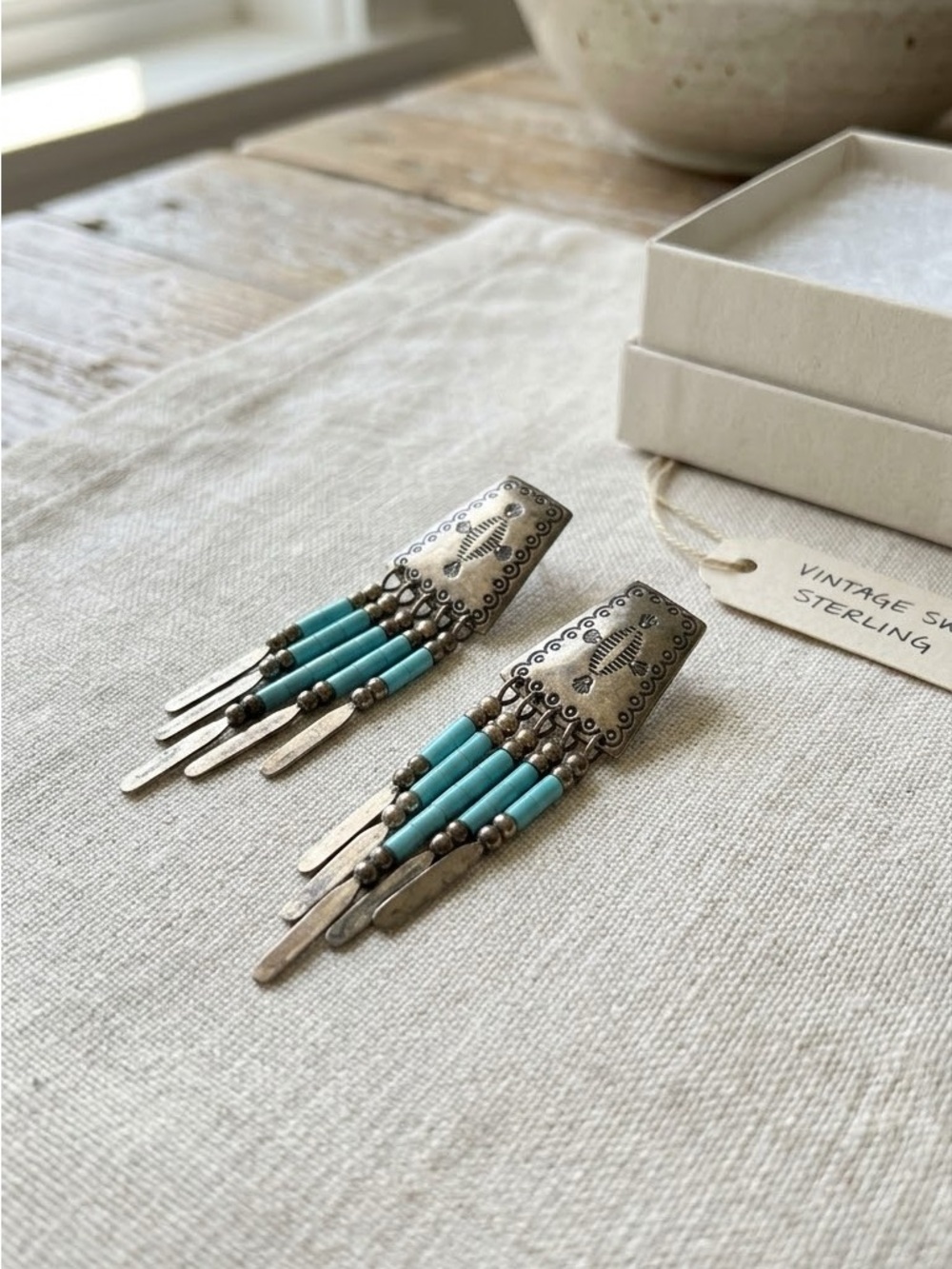 Vintage Q.T. Quoc Turquoise Sterling Silver Fringe Earrings